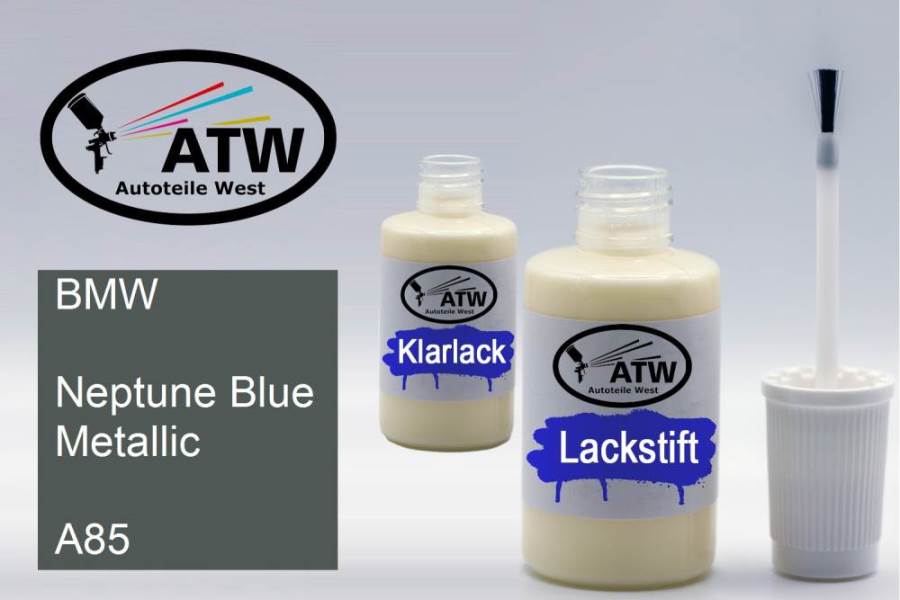 BMW, Neptune Blue Metallic, A85: 20ml Lackstift + 20ml Klarlack - Set, von ATW Autoteile West.